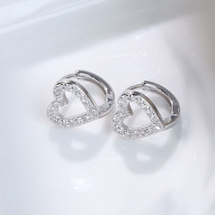 925 Silver Studs European & American Style Zircon Heart Earrings - view 2