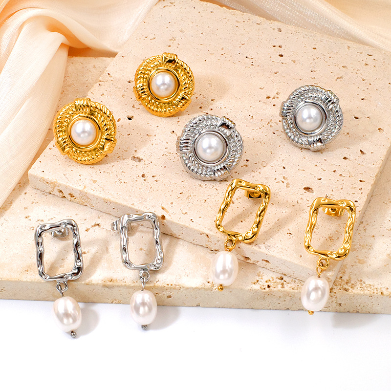 Irregular Titanium Steel Gold Plated Studs Geometric Pearl Earrings