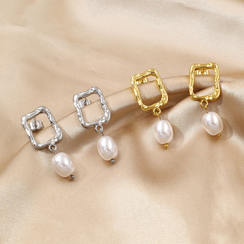 Irregular Titanium Steel Gold Plated Studs Geometric Pearl Earrings - view 2