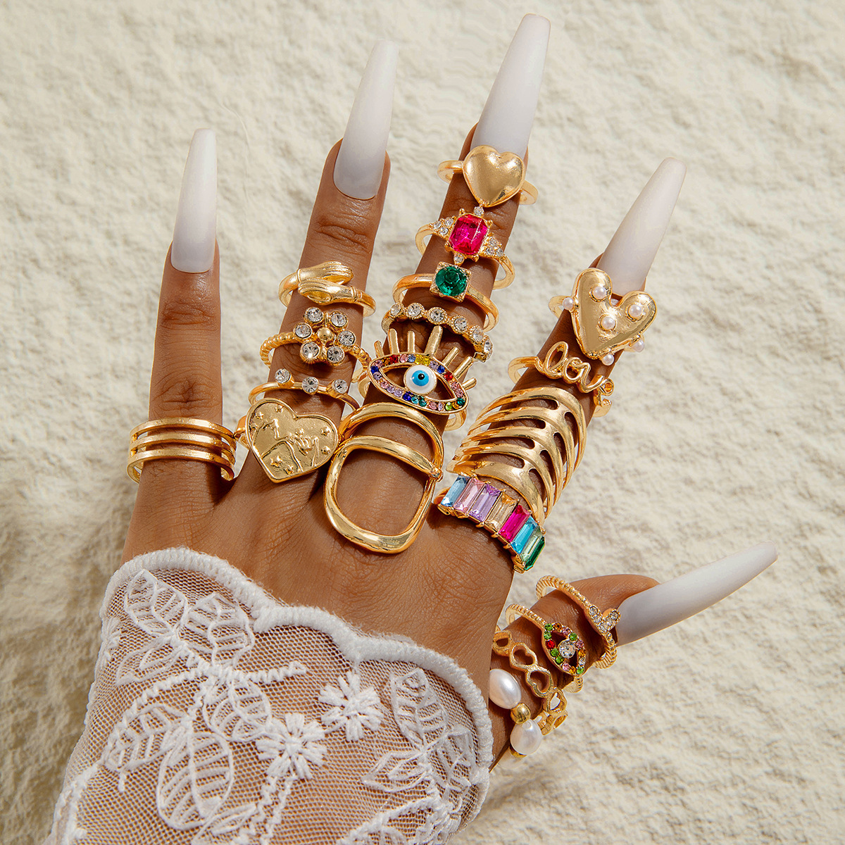 Alloy Jewelry Set Hollow Geometric Vintage European & American Style Pearl Ring thumbnail 3