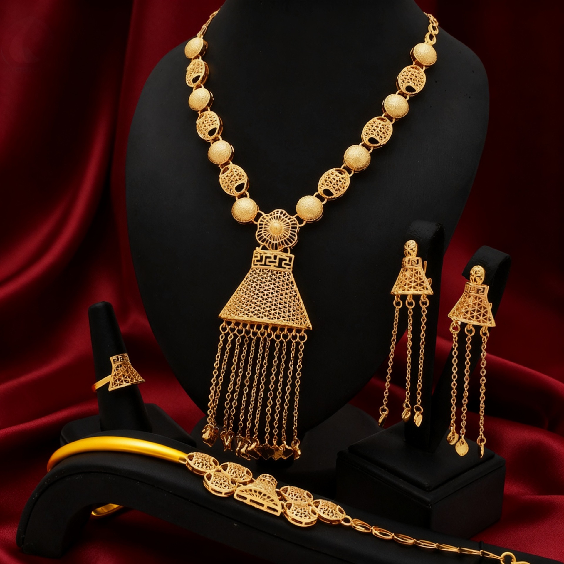 24K Gold Plated 4-Piece Set Necklace Earrings Bracelet Jewelry Ring