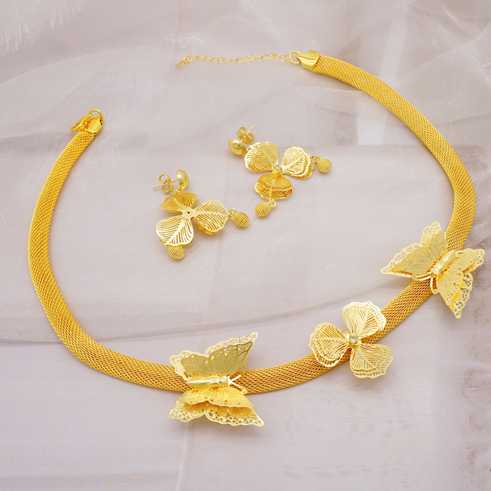 24K Gold Plated Necklace Earrings Middle East Af Jewelry Set thumbnail 4