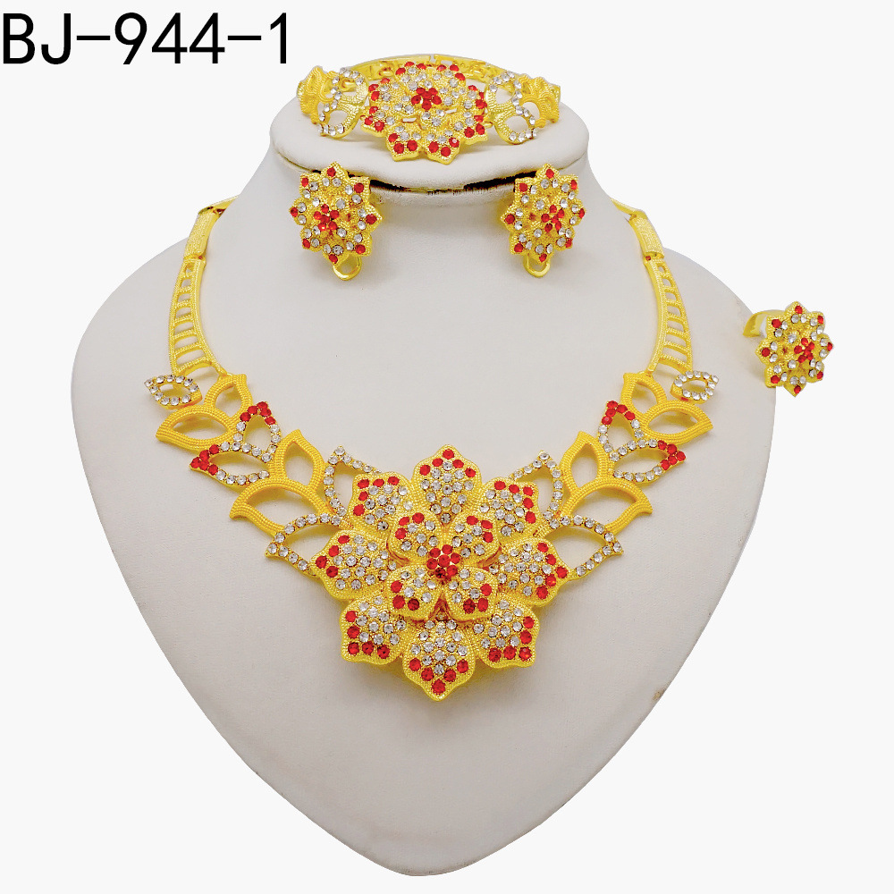 Gold Plated Ring Necklace Earrings Bracelet Crystal Flower Wedding A Jewelry Set thumbnail 4