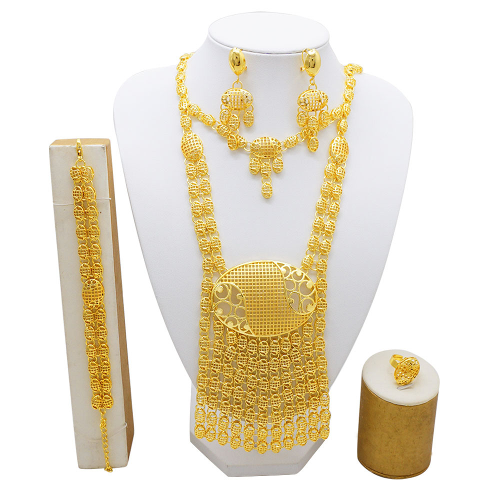 24K Gold Plated Ring Necklace Earrings Bracelet Tassel Middle East Jewelry Set