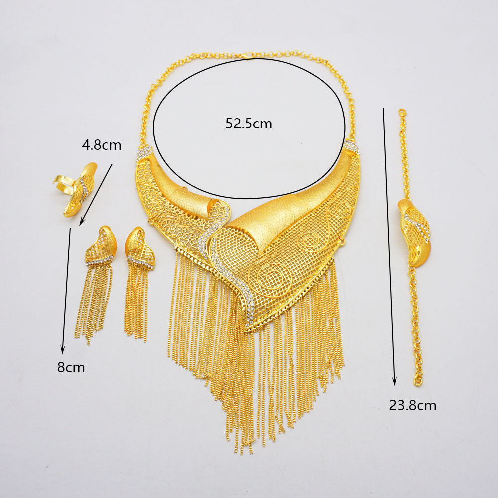 24K Gold Plated Ring Necklace Earrings Bracelet Tassel Middle East Jewelry Set thumbnail 10