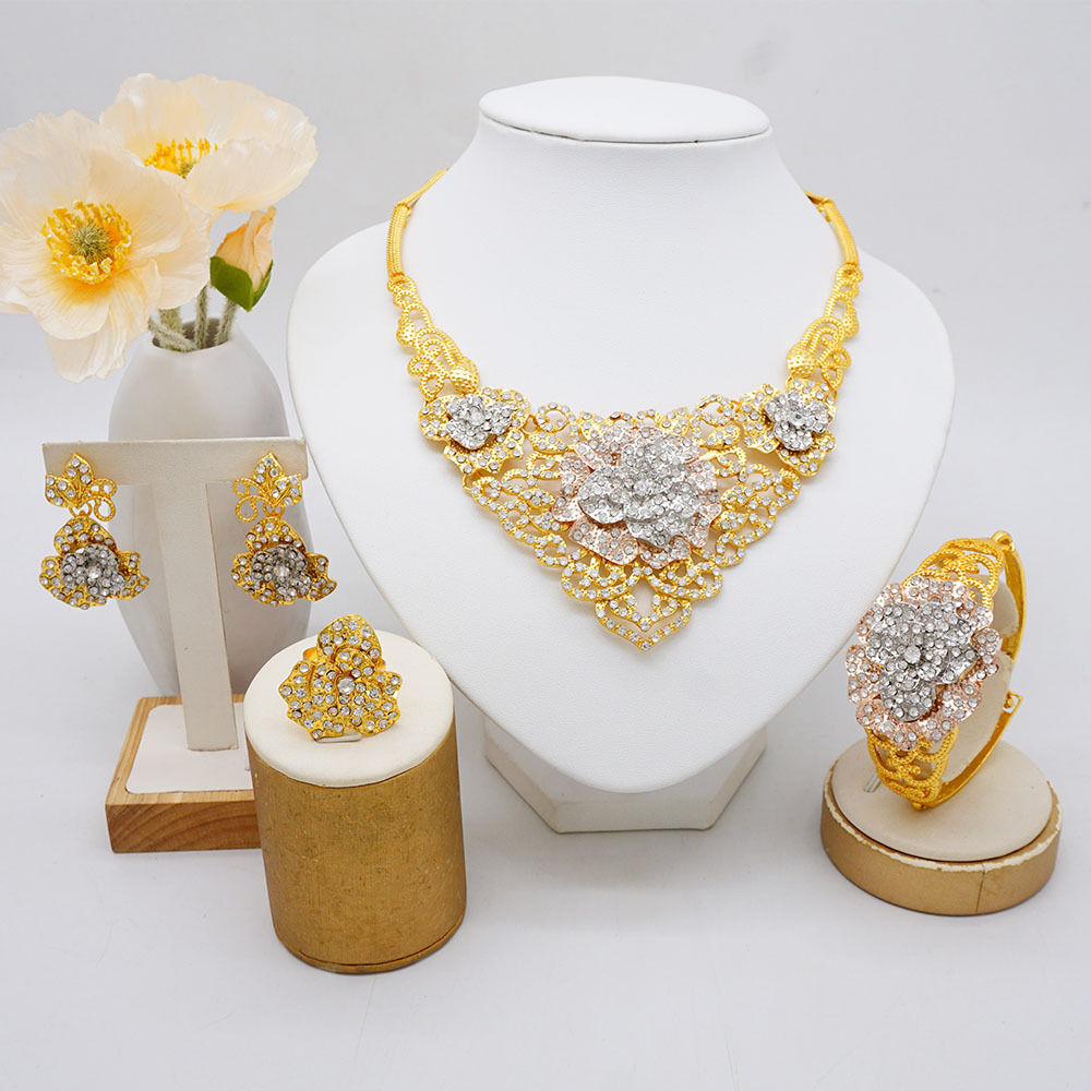 4-Piece Gold Plated Ring Necklace Earrings Bracelet Crystal Flower Jewelry Set thumbnail 5