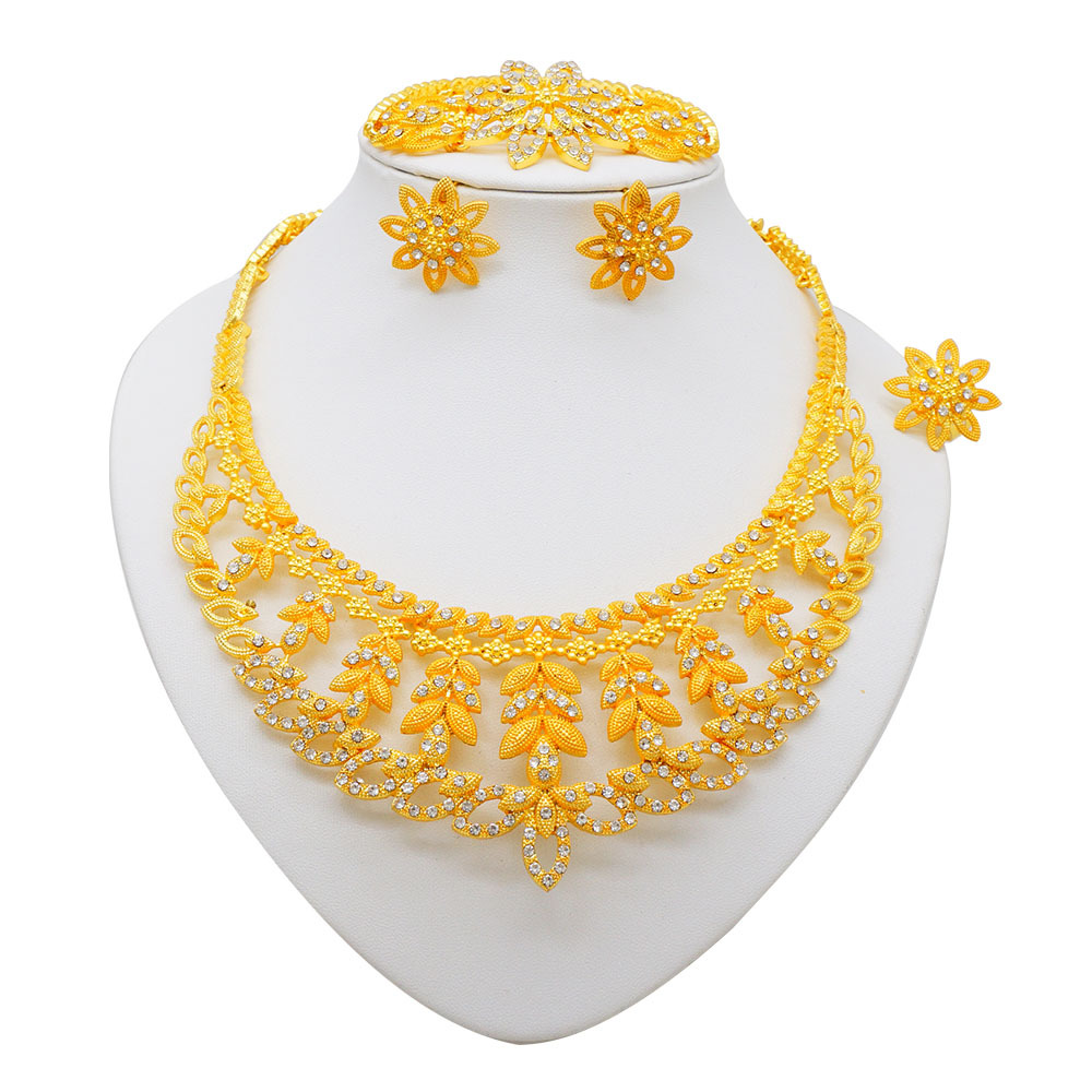 4-Piece Gold Plated Ring Necklace Earrings Bracelet Dubai Jewelry Set