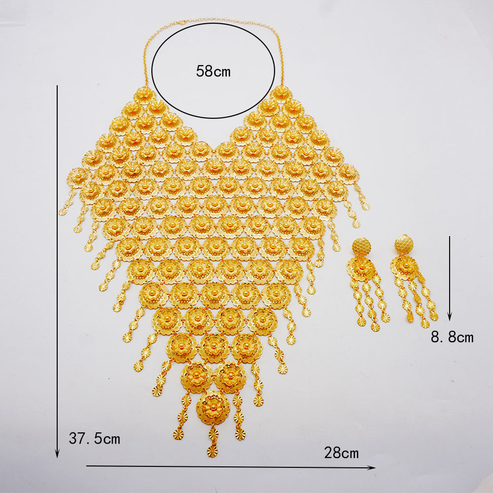 24K Gold Plated Necklace Earrings Tassel Dubai Jewelry Set thumbnail 4