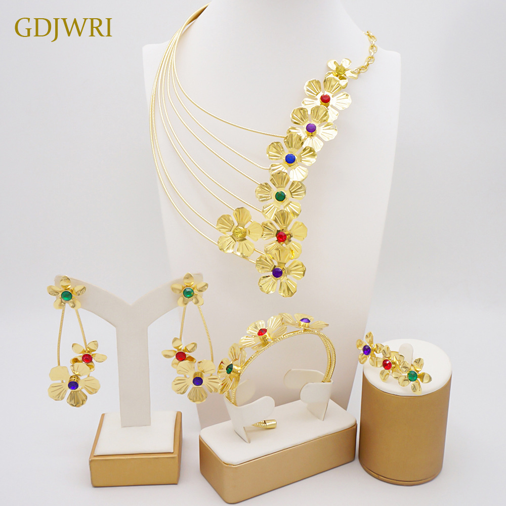 Necklace Earrings Bracelet Flower Bridal African Jewelry Set