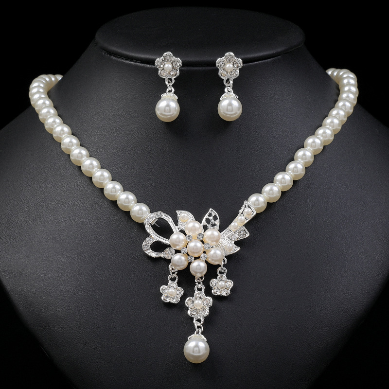 Alloy Necklace Earrings European & American Style Pearl Flower Jewelry Set