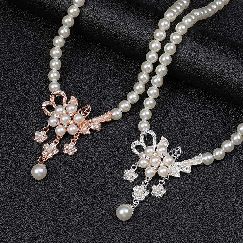Alloy Necklace Earrings European & American Style Pearl Flower Jewelry Set - view 2