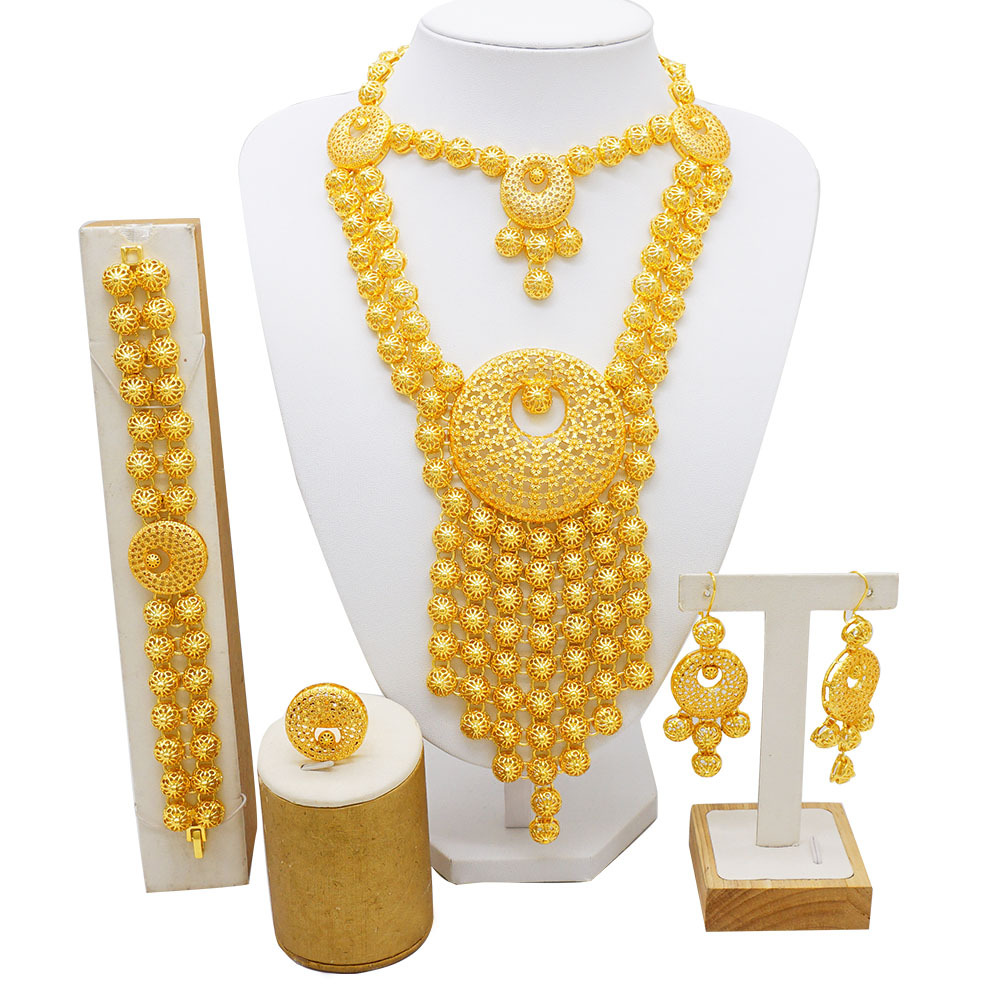 24K Gold Plated Ring Necklace Earrings Bracelet European & American Jewelry Set