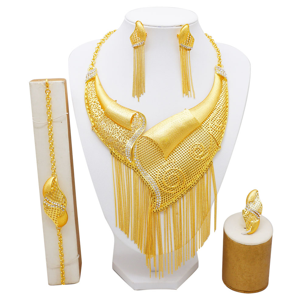 24K Gold Plated Ring Necklace Earrings Bracelet European & American Jewelry Set thumbnail 4