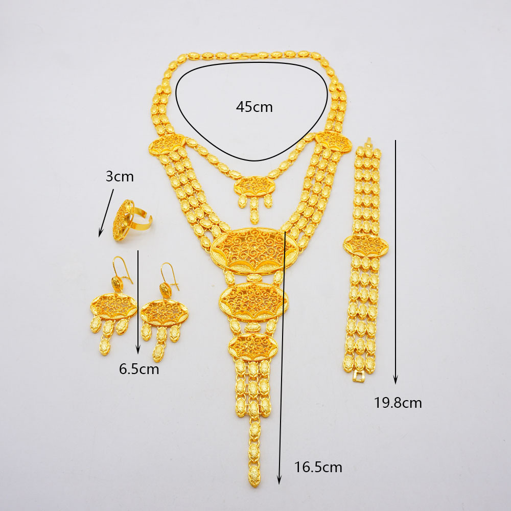 24K Gold Plated Ring Necklace Earrings Bracelet European & American Jewelry Set thumbnail 11