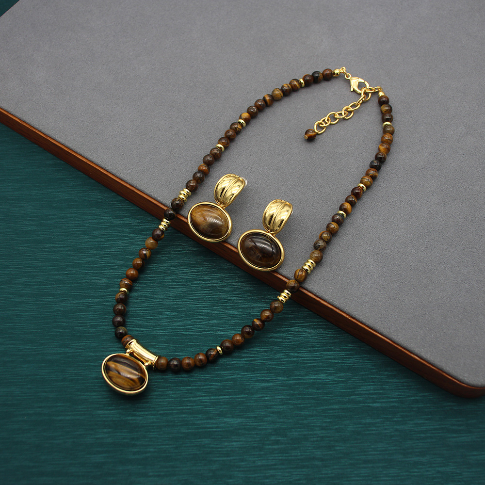 Natural Stone Necklace Earrings Unique European & American Style Jewelry Set