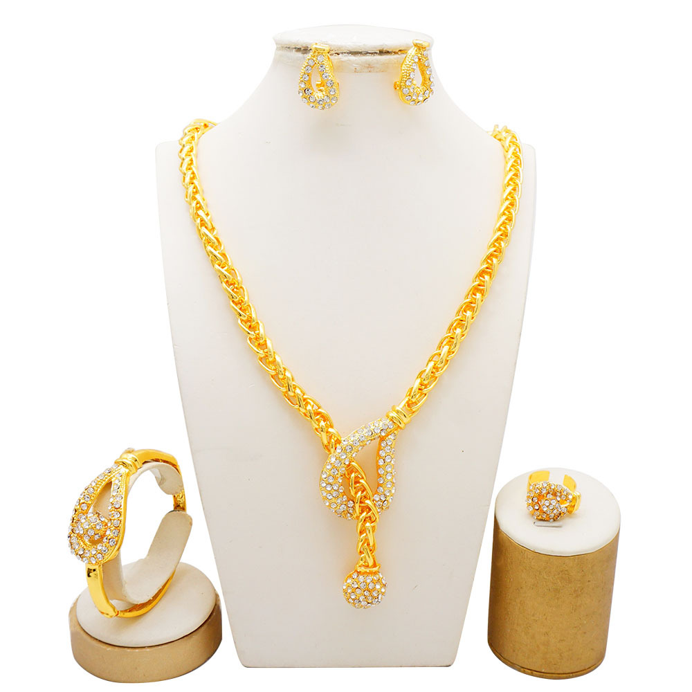 4-Piece Gold Plated Ring Necklace Earrings Bracelet European & American Styl Jewelry Set