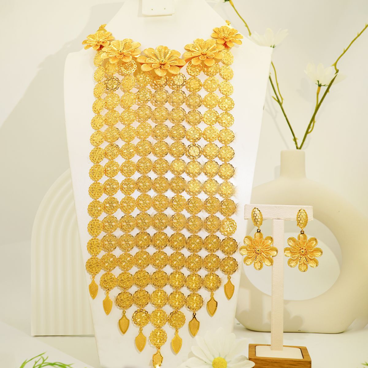 24K Gold Plated Necklace Earrings Hollow Europea Jewelry Set