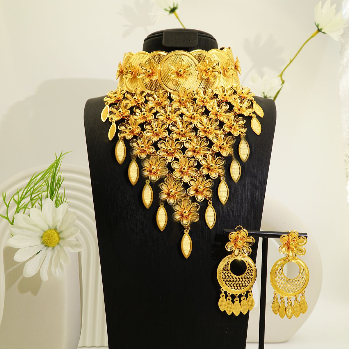 Necklace Earrings Flower Tassel Wedding Banquet Dubai Middle Jewelry Set
