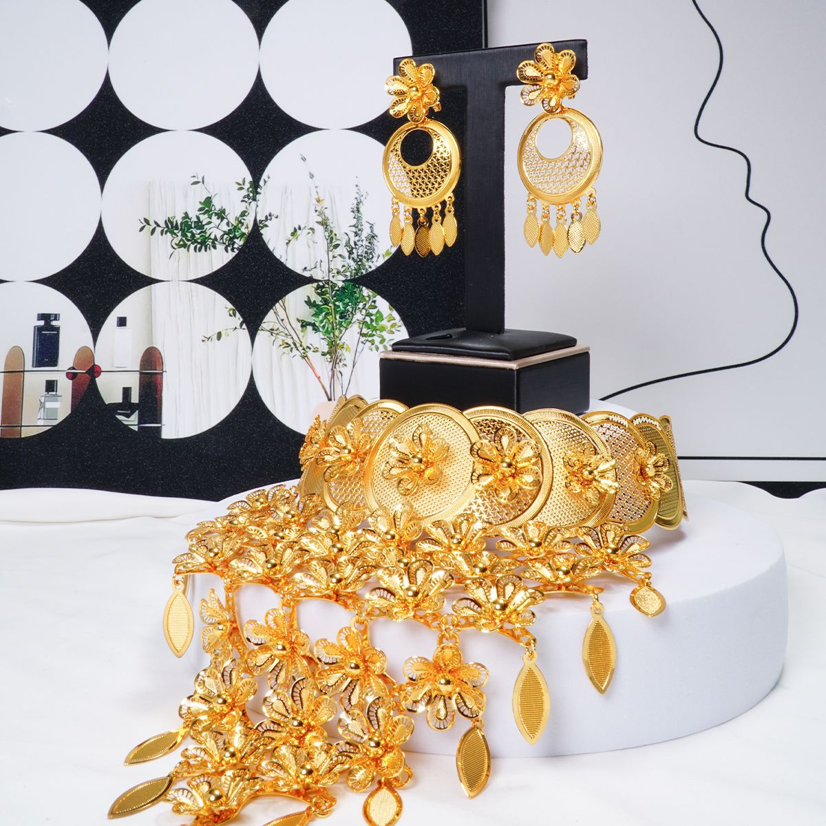 Necklace Earrings Flower Tassel Wedding Banquet Dubai Middle Jewelry Set - view 2