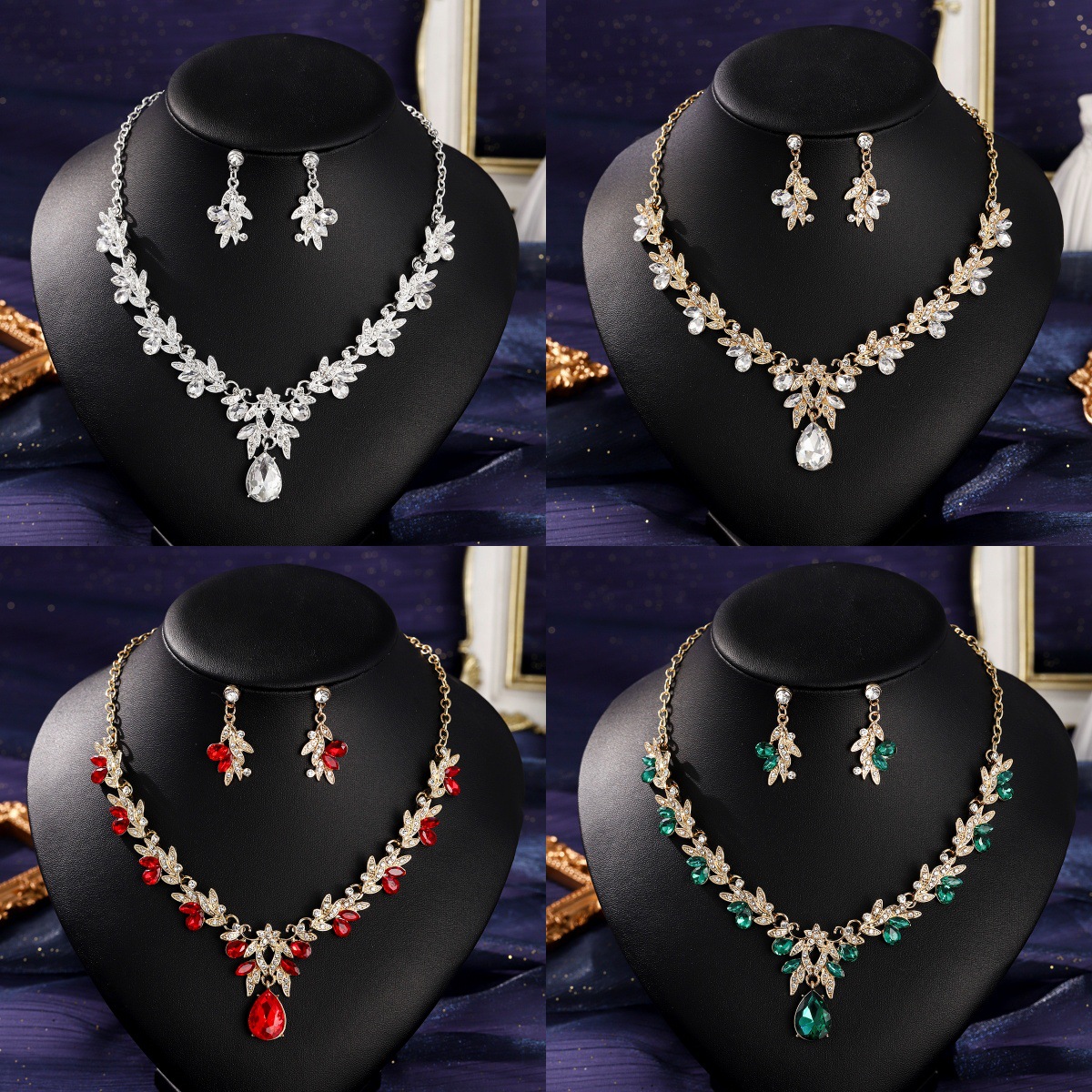 Alloy Necklace Earrings Leaf Banquet Flower Jewelry Set