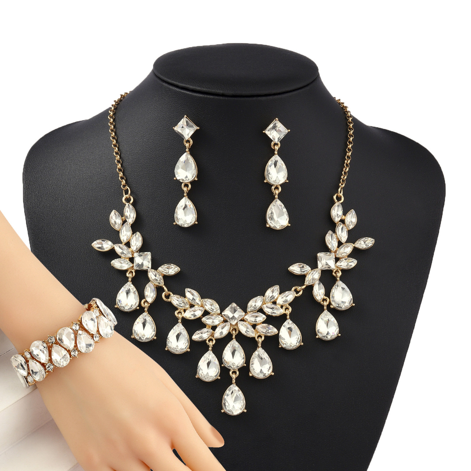 3-Piece Necklace Earrings Bracelet Crystal Water Drop Bridal Jewelry Set