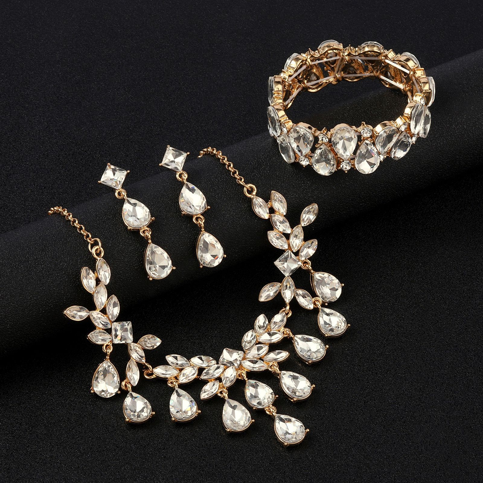 3-Piece Necklace Earrings Bracelet Crystal Water Drop Bridal Jewelry Set thumbnail 4