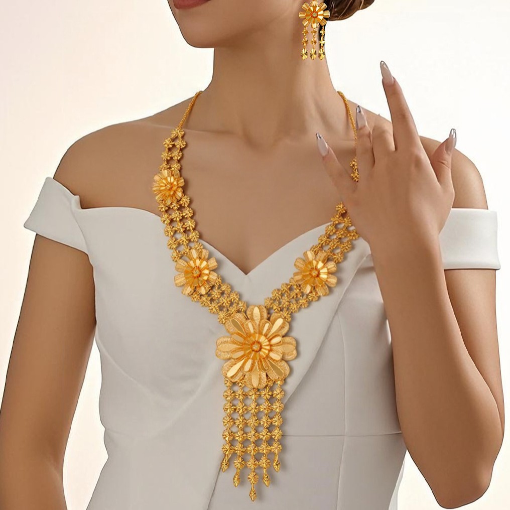 Copper Gold Plated Necklace Earrings Hollow Flower Dubai Mid Jewelry Set - view 2