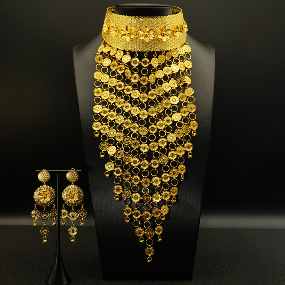 2-Piece Gold Plated Necklace Earrings Flower Bridal Wedd Jewelry Set