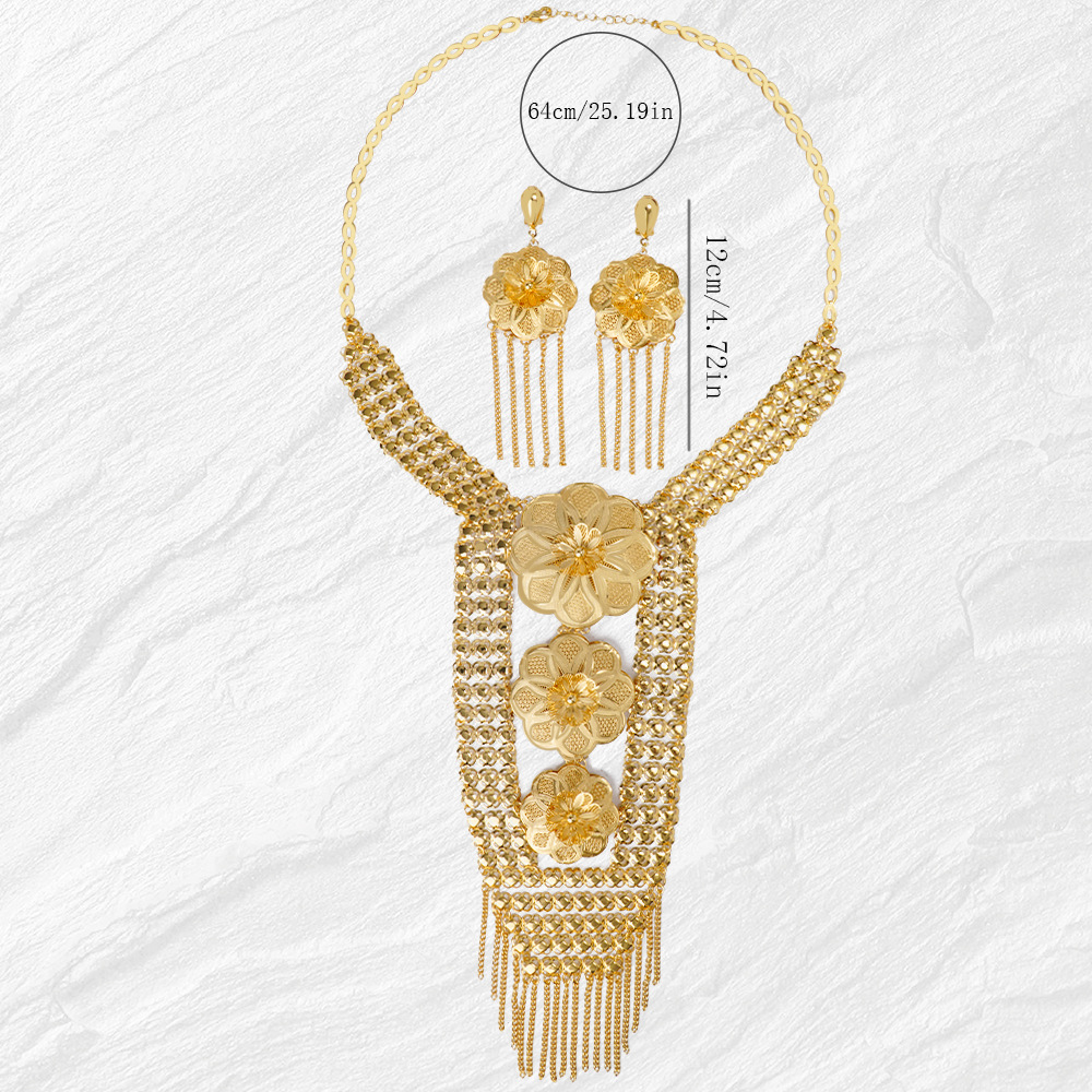 Gold Plated Necklace Earrings Exaggerated Flower Tassel Brid Jewelry Set thumbnail 4