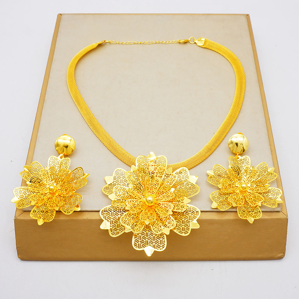 24K Gold Plated 2-Piece Necklace Earrings Jewelry Set thumbnail 3