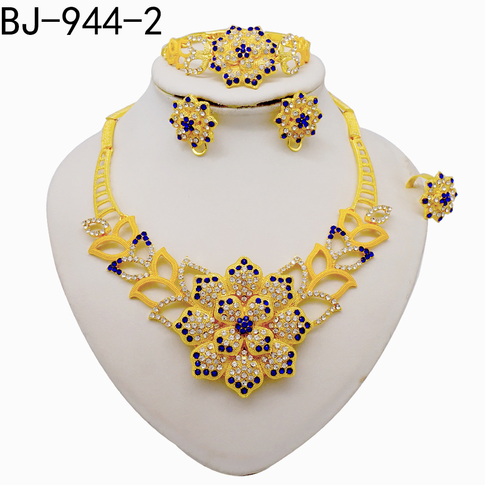 Gold Plated Ring Necklace Earrings Bracelet Crystal Flower Wedding A Jewelry Set thumbnail 3